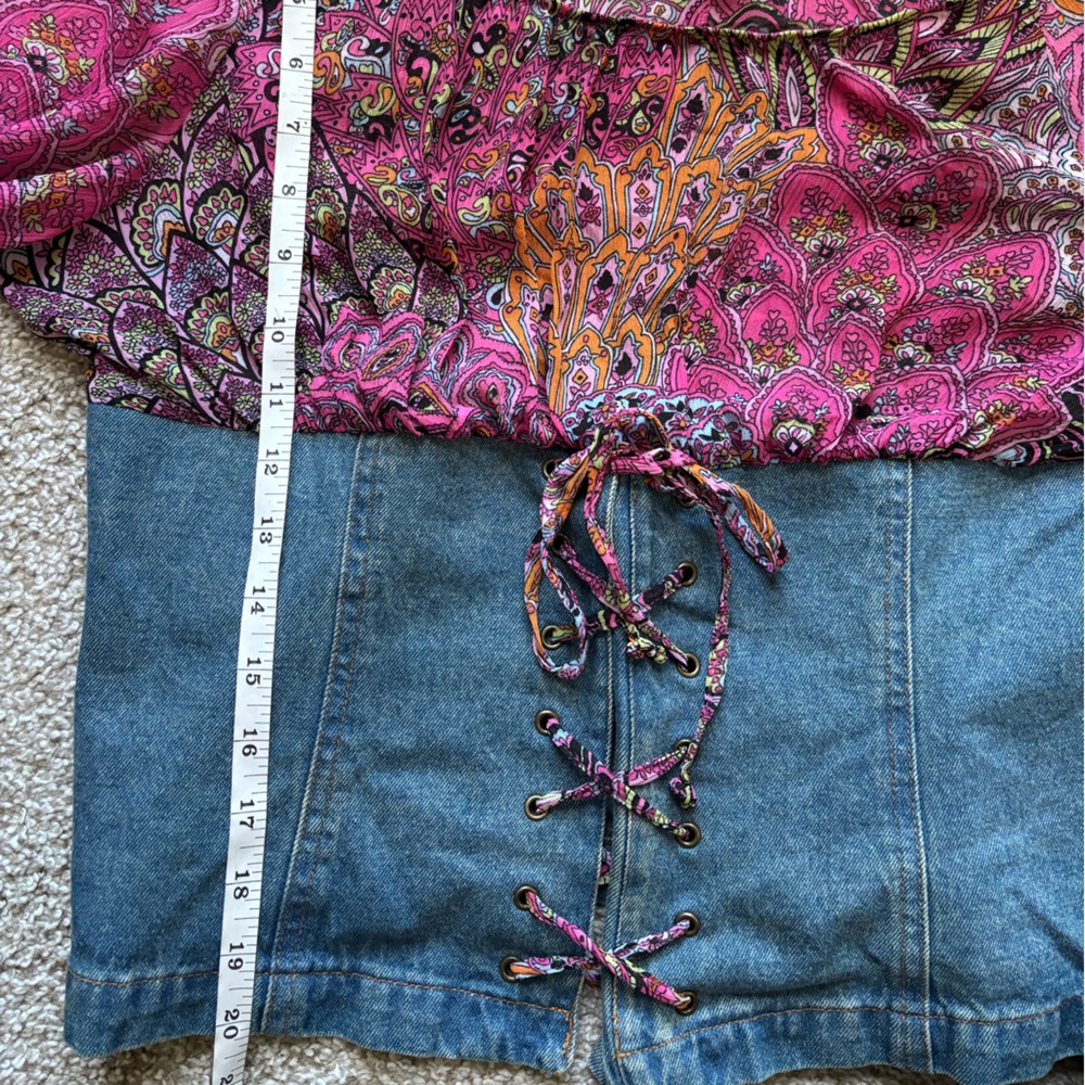 Vintage Y2K Bell Sleeve Crop Top Boho Paisley Denim Corset L - Picture 4 of 6